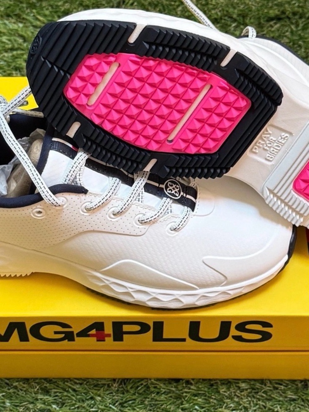 G/FORE White Golf Sneakers with Hot Pink Accents